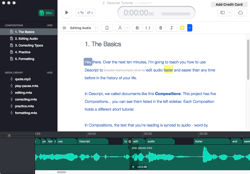 Figure 5.5.6.1: User interface of the Descript semantic speech editor, a commercial semantic speech editing system developed independently of our research.