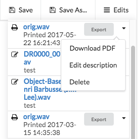 Figure 6.3.2.2: Close-up of the edits sidebar of the screen-based semantic speech editor, showing a button to export audio, and a dropdown menu with the option to download a PDF.