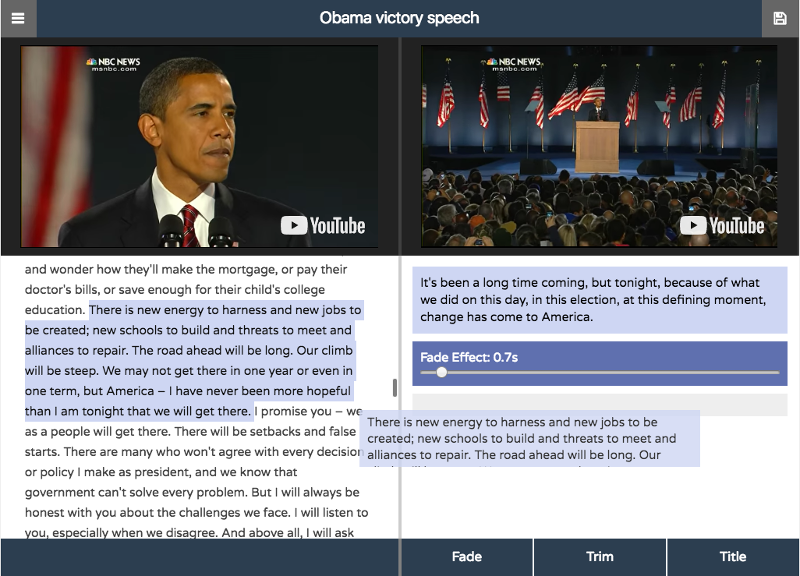 Figure 2.4.4.1: User interface of Hyperaudio Pad — a semantic speech editor for video, from Boas (2011). Drag-and-drop is used to select clips from the left transcript and arrange them on the right transcript.